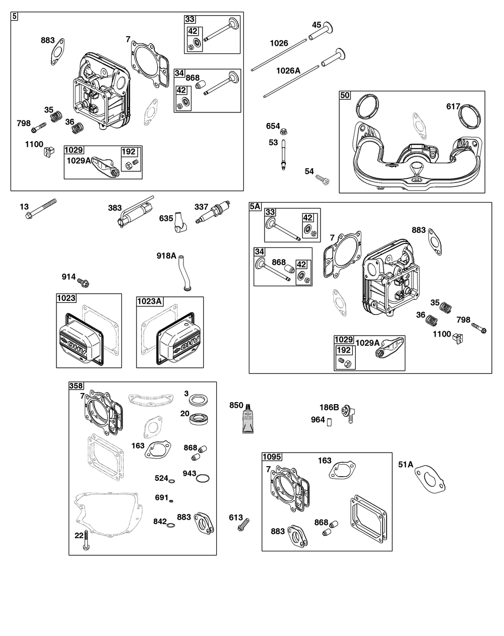 Cylinder Head Group Diagram and Parts List for 44U677-0019-B5 400000 - 699999 Briggs and Stratton Engine